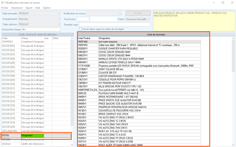 ajout champs code produit et désignation
