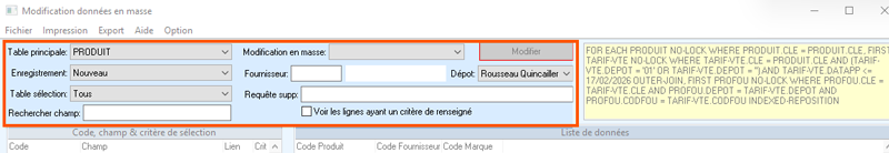 modifications données en masse choix des tables