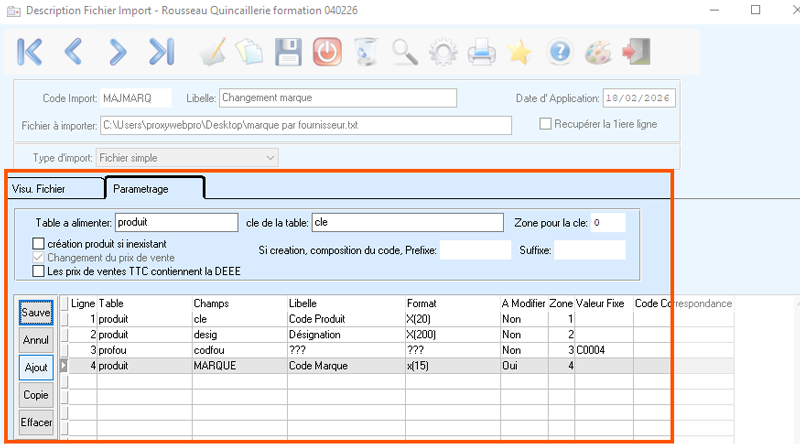 paramétrage import specifique changement marque