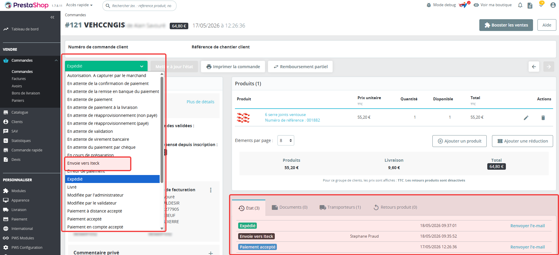 Historique des états de commande dans PrestaShop